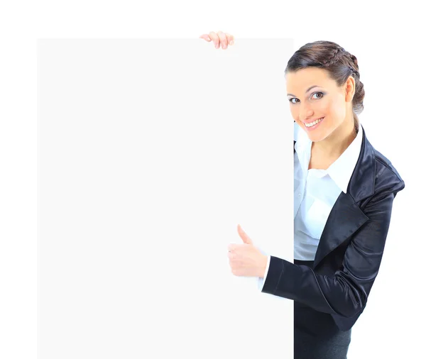 Όμορφης επιχειρηματικής γυναίκα με ένα λευκό πανό. απομονωθεί σε λευκό φόντο. — Φωτογραφία Αρχείου