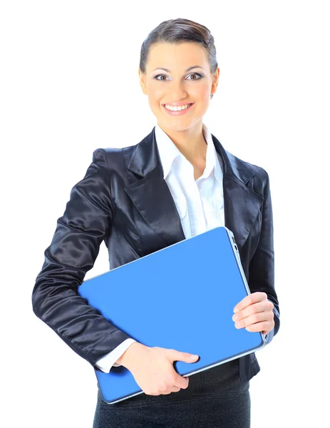 Mooie jonge vrouwelijke ondernemer met laptop tegen witte achtergrond. — Stockfoto