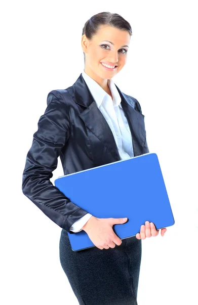 Mooie jonge vrouwelijke ondernemer met laptop tegen witte achtergrond. — Stockfoto