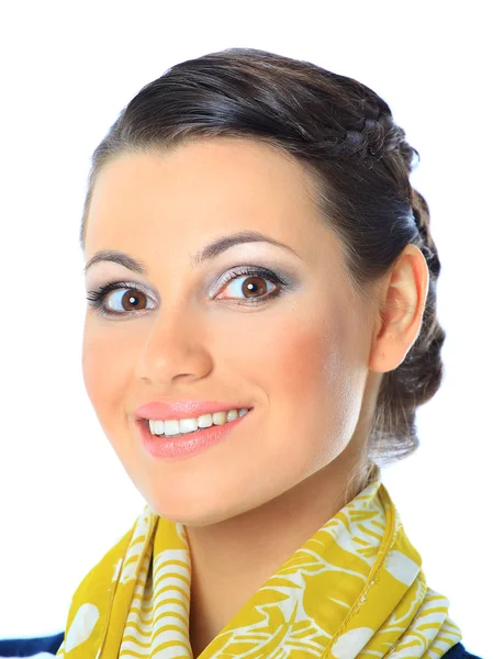 Een close-up portret van een mooie vrouw met een gele sjaal. geïsoleerd op een witte achtergrond. — Stockfoto