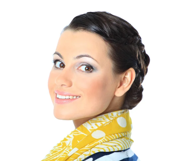 A close-up portrait of a beautiful woman with a yellow scarf. Isolated on a white background. — Stock Photo, Image