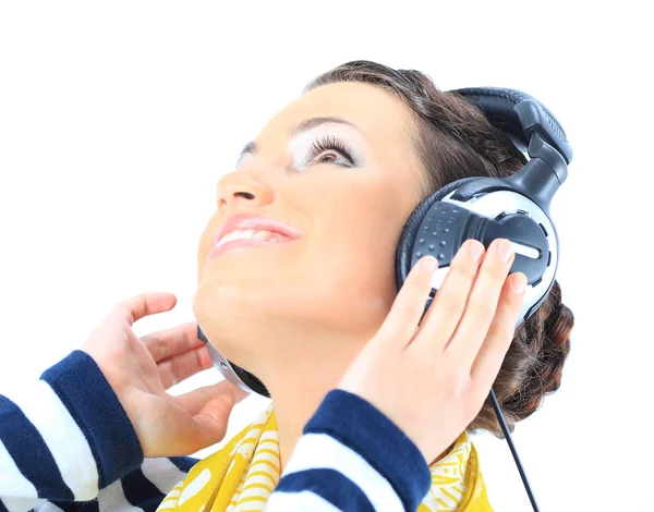 Krásná dívka se sluchátky. izolované na bílém pozadí — Stock fotografie