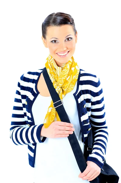 Mooie vrouw met een gele sjaal, met haar tas. geïsoleerd op een witte achtergrond. — Stockfoto