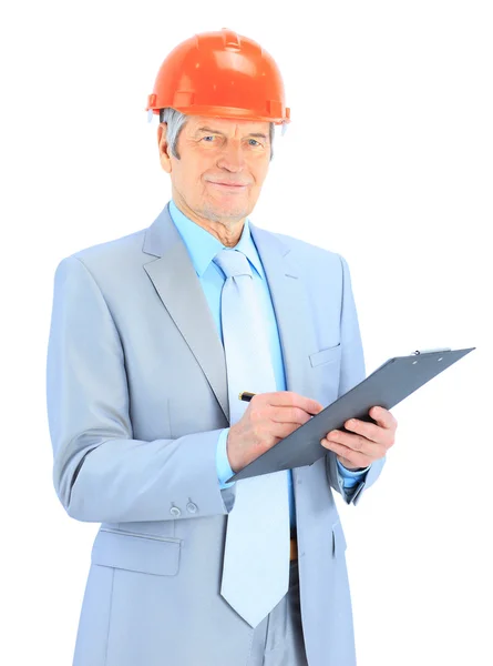 Good engineer writes the work plan. Isolated on a white background. — Stock Photo, Image