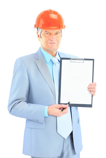 Good engineer writes the work plan. Isolated on a white background. — Stock Photo, Image
