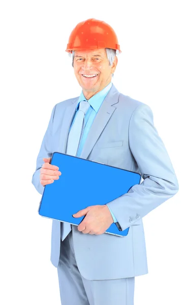 Good engineer keeps the laptop. Isolated on a white background. — Stock Photo, Image