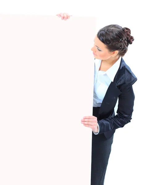 Beautiful business woman with a white banner. Isolated on a white background. — Stock Photo, Image