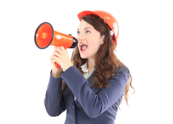 The beautiful business woman the engineer shouts in the shoutbox on a white background. — Stock Photo, Image