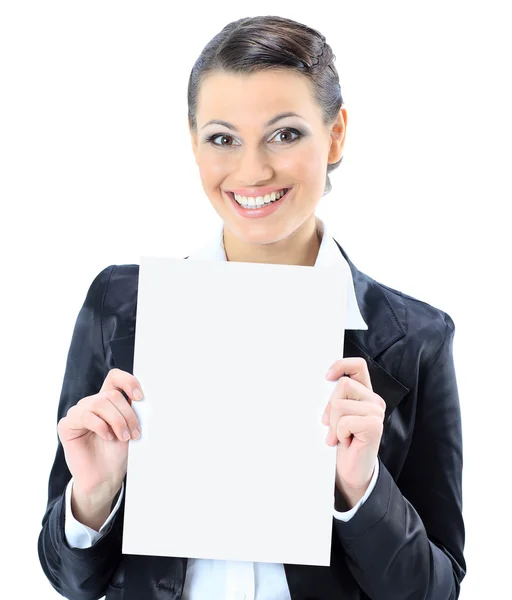 Όμορφης επιχειρηματικής γυναίκα με ένα λευκό πανό. απομονωθεί σε λευκό φόντο. — Φωτογραφία Αρχείου