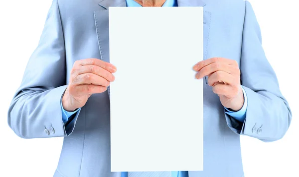Close-up of't holding a big white poster. Isolated on a white background. — Stock Photo, Image