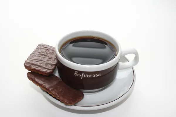 Espresso coffee with chocolate covered cookies — Stock Photo, Image