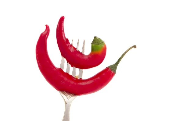 Isolated two red peppers on the vintage fork — Stock Photo, Image