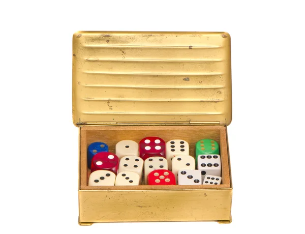 Isolated colorful dices in the vintage box — Stock Photo, Image