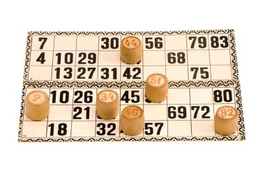 Isolated vintage numbrs game cards and wooden dices clipart