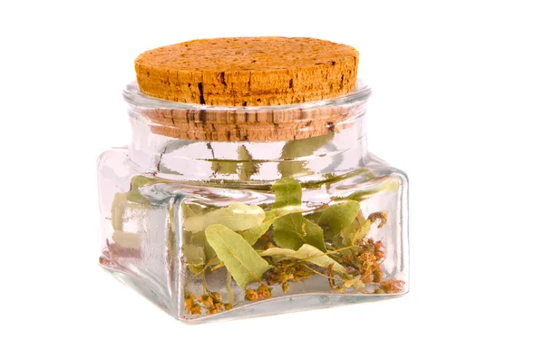 Vaso di vetro isolato con fiori di tiglio tè — Foto Stock