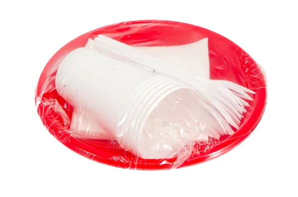 Isolado one-time pacote de pratos de plástico — Fotografia de Stock