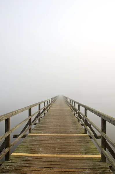Göl ve sabah sis üzerinde ahşap köprü — Stok fotoğraf