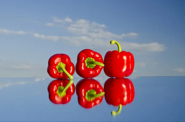 Three red peppers on mirror and sky