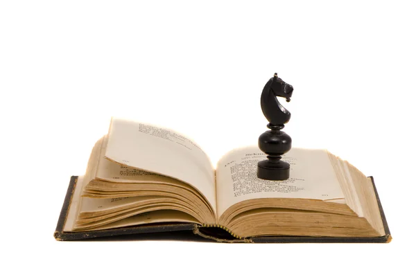 Изолированная винтажная книга и шахматный рыцарь — стоковое фото