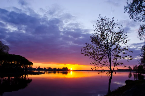 Красивый закат озера весной — стоковое фото