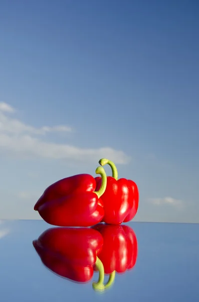 Dvě červené papriky na zrcadlo a obloha — Stock fotografie