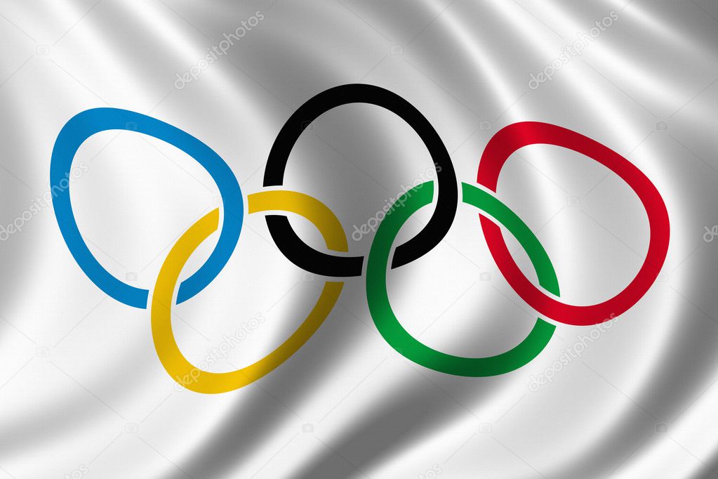 Anneaux olympiques drapeau soie fond — Photo éditoriale
