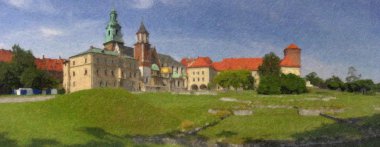 Panorama of Wawel impasto painting clipart