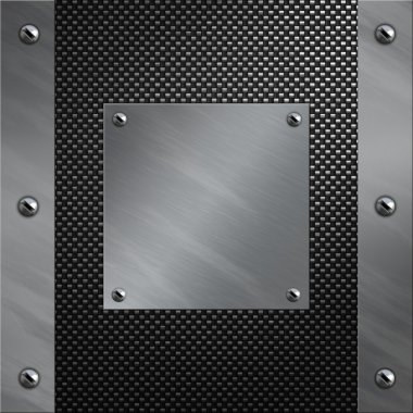 Brushed aluminum frame and plate bolted to a carbon fiber background clipart