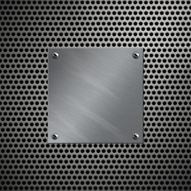 Brushed aluminum plate bolted to a perforated metal background clipart