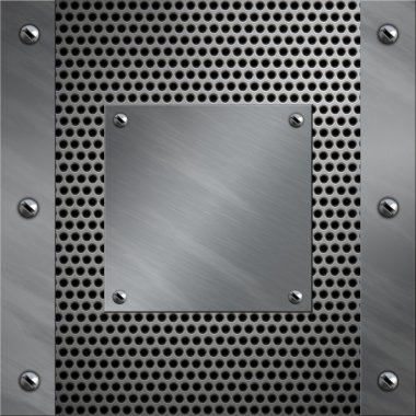 Brushed aluminum frame and plate bolted to a perforated metal background clipart