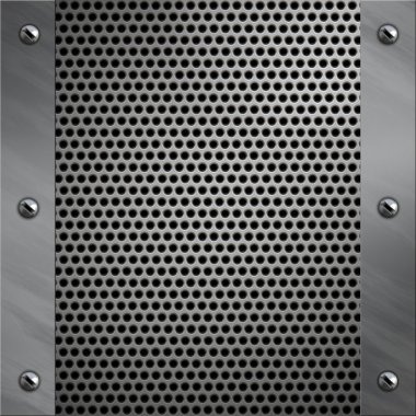 Brushed aluminum frame bolted to a perforated metal background clipart