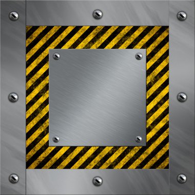 Brushed aluminum frame and plate bolted to a warning stripe background clipart