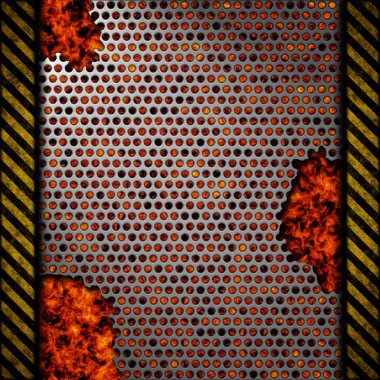 Perforated metal background with holes and warning stripes over fire, hot lava or melted metal clipart