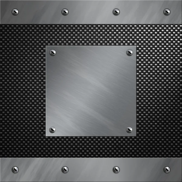 Telaio e piastra in alluminio spazzolato imbullonati su uno sfondo in fibra di carbonio — Foto Stock