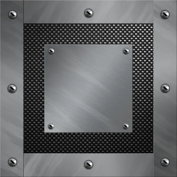 Brushed aluminum frame and plate bolted to a carbon fiber background — Stock Photo, Image