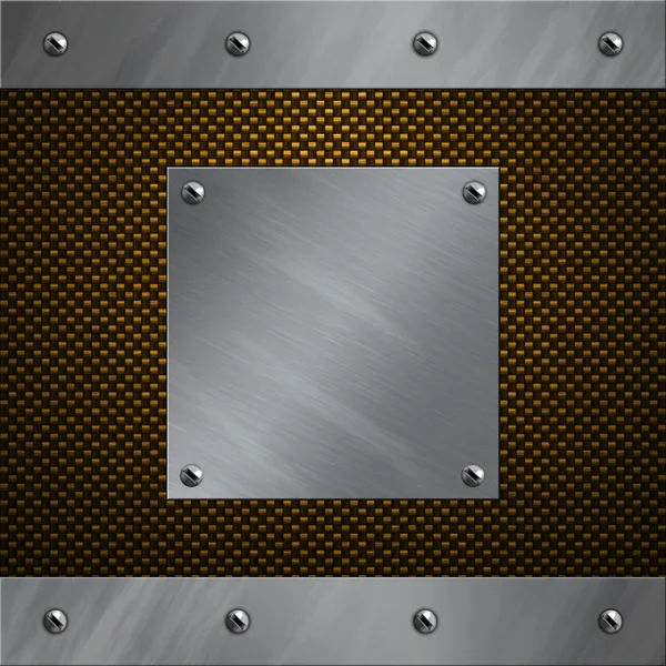 Telaio e piastra in alluminio spazzolato imbullonati su uno sfondo in fibra di carbonio — Foto Stock