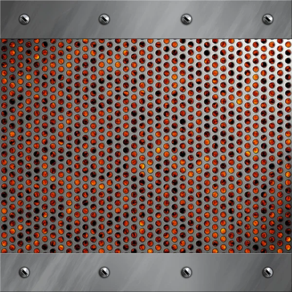 Brushed aluminum frame bolted to a perforated metal over fire, hot lava or melted metal — Stock Photo, Image