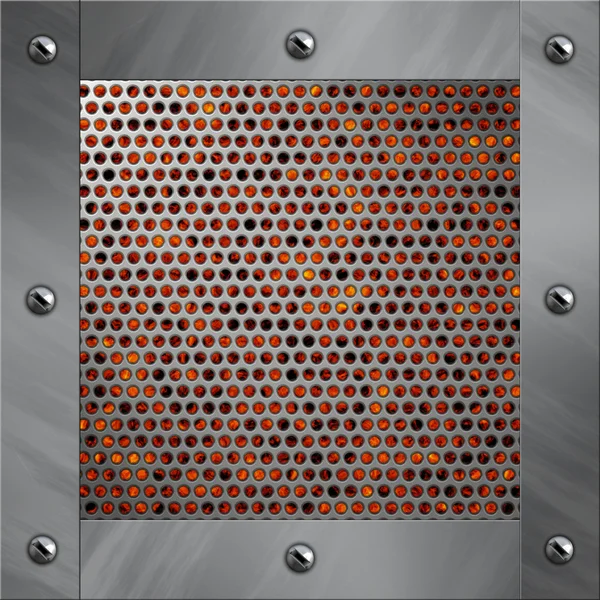Βουρτσισμένο αλουμίνιο πλαίσιο βιδωμένη σε μια διάτρητη μεταλλική πάνω από τη φωτιά, καυτή λάβα ή λιωμένο μέταλλο — Φωτογραφία Αρχείου