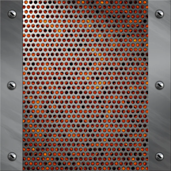 Brushed aluminum frame bolted to a perforated metal over fire, hot lava or melted metal — Stock Photo, Image
