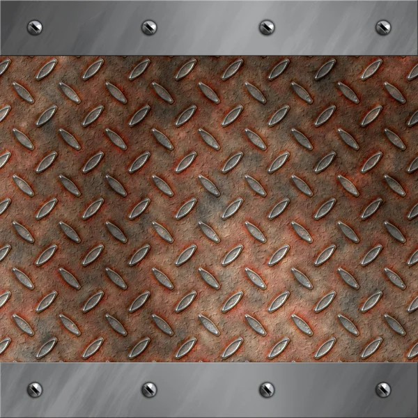 Szczotkowanego aluminium rama przykręcana do urazę i zardzewiałe diament metalowe tło — Zdjęcie stockowe