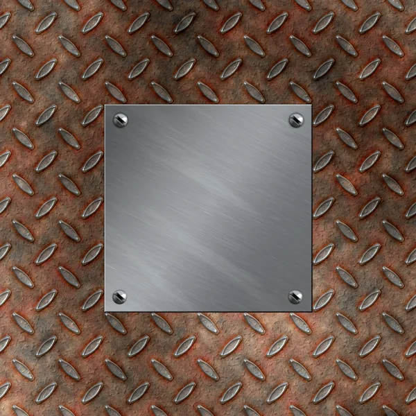 Brushed aluminum plate bolted to a grudge and rusted diamond metal background — Stock Photo, Image