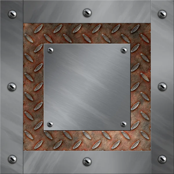 Brushed aluminum frame and plate bolted to a grudge and rusted diamond metal background — Stock Photo, Image