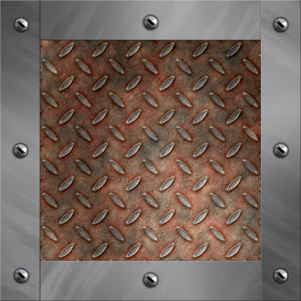 Brushed aluminum frame bolted to a grudge and rusted diamond metal background — Stock Photo, Image