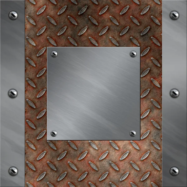 Brushed aluminum frame and plate bolted to a grudge and rusted diamond metal background — Stock Photo, Image