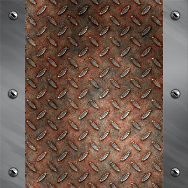 Brushed aluminum frame bolted to a grudge and rusted diamond metal background — Stock Photo, Image