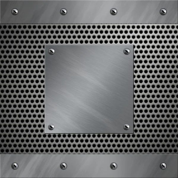 Telaio e piastra in alluminio spazzolato imbullonati su uno sfondo metallico perforato — Foto Stock
