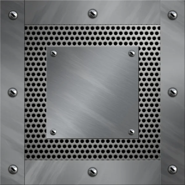 Marco y placa de aluminio cepillado atornillados a un fondo metálico perforado —  Fotos de Stock