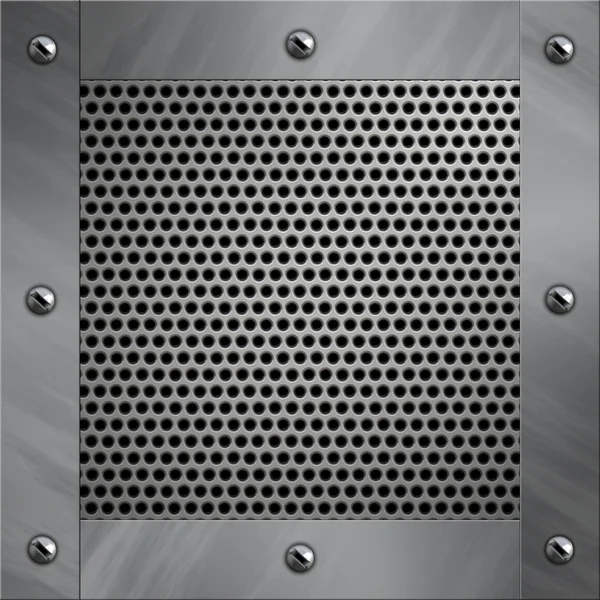 Brushed aluminum frame bolted to a perforated metal background — Stock Photo, Image