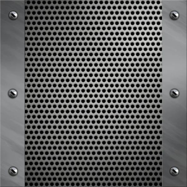 Brushed aluminum frame bolted to a perforated metal background — Stock Photo, Image
