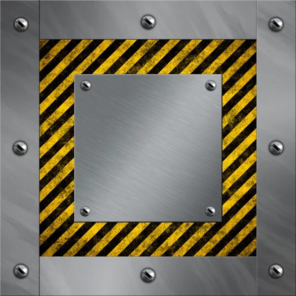 Brushed aluminum frame and plate bolted to a warning stripe background — Stock Photo, Image